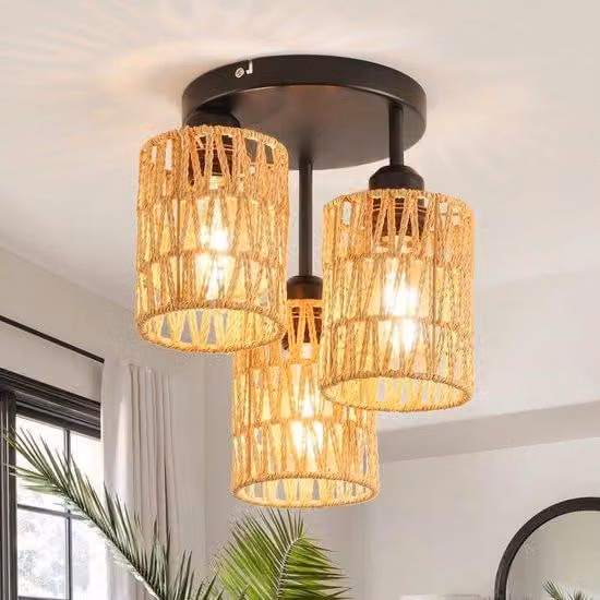 Lampada a LED con 3 candele - Lampada a sospensione in rattan con lampada vintage in bambù e vimini per soggiorno, camera da letto, cucina e ingresso
