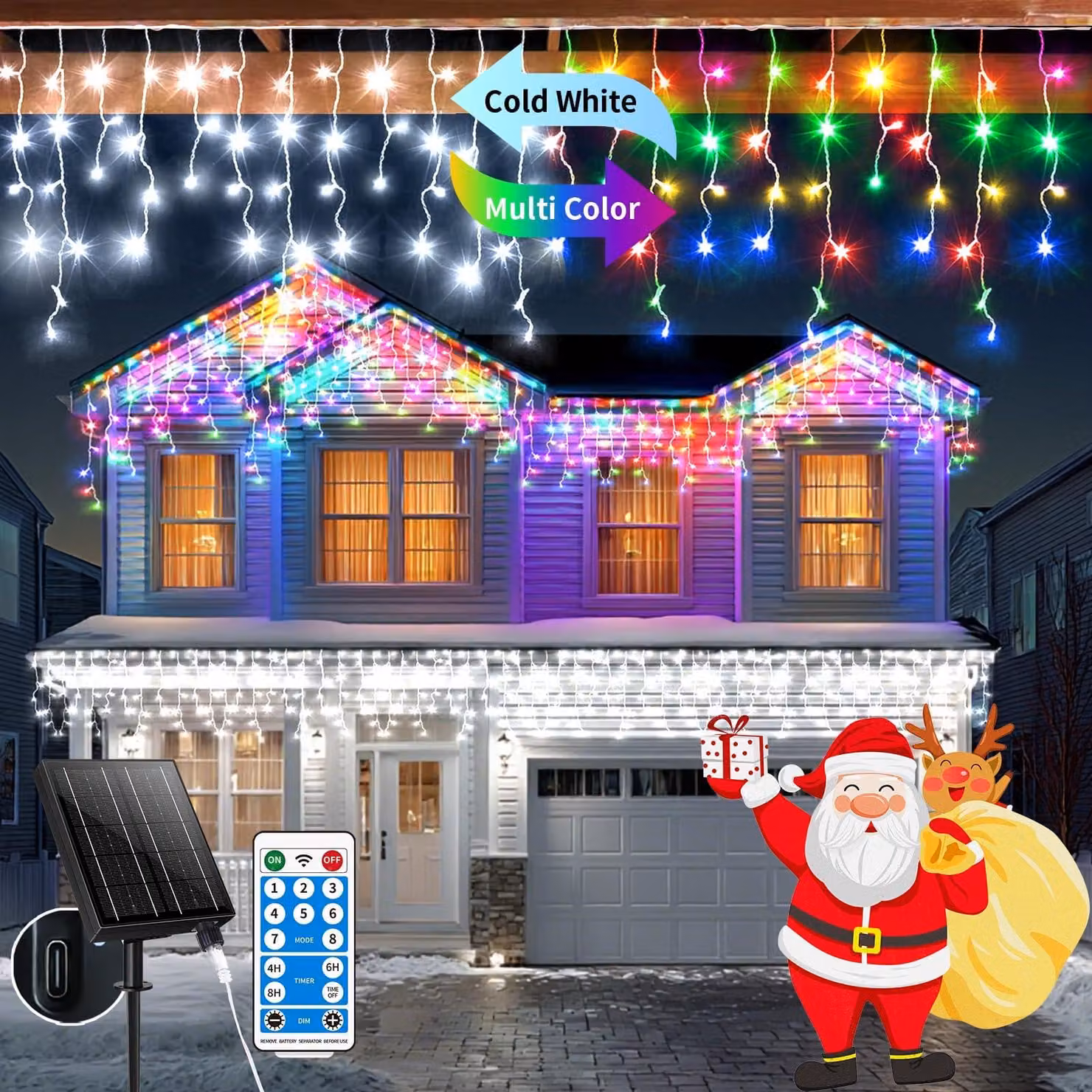 Catena luminosa solare con ghiaccioli, 25 metri, 660 LED, 8 modalità, grado di protezione IP65