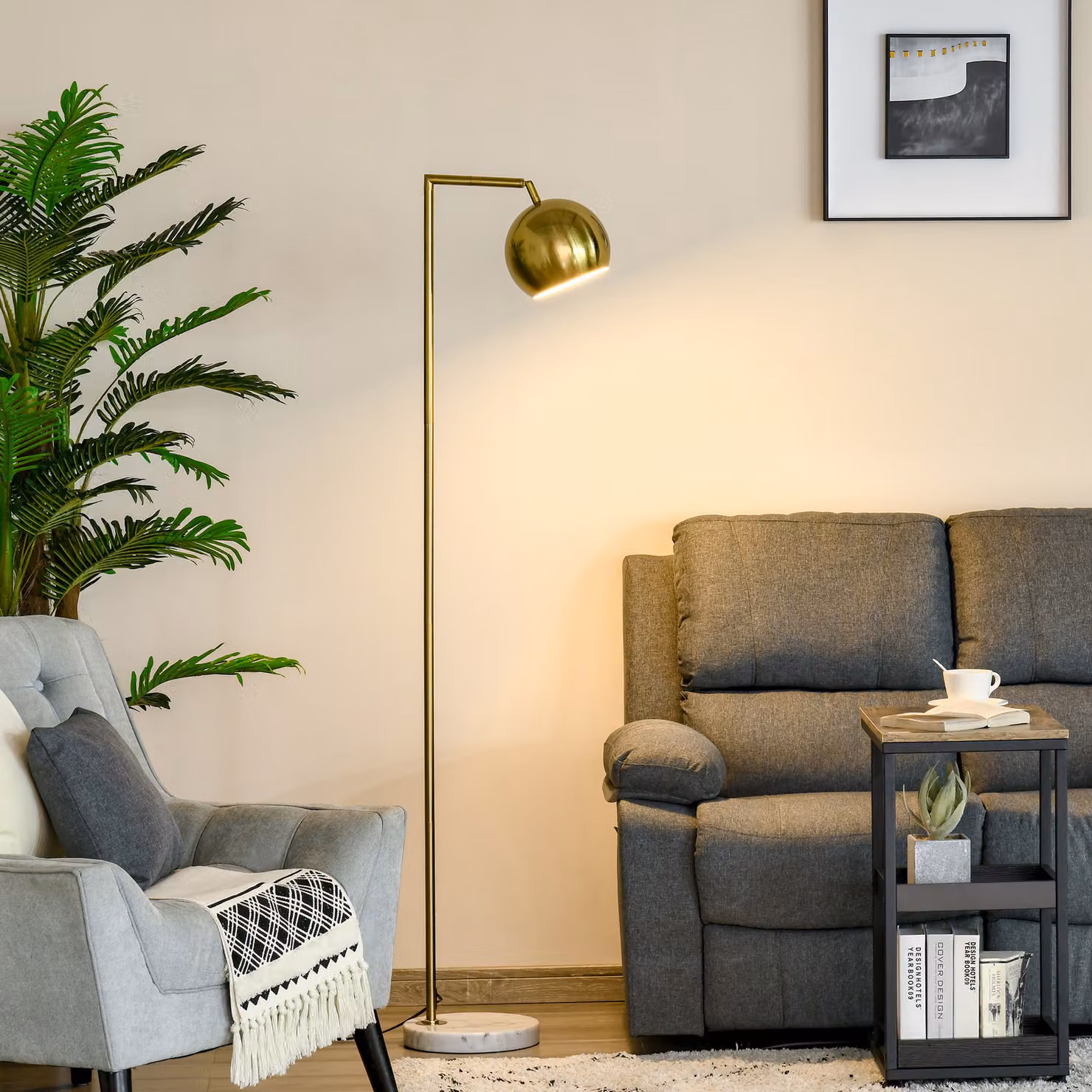 Lampada da terra moderna HOMCOM con base in marmo e metallo, paralume regolabile, colore oro/ottone, ideale per salotto e camera da letto, attacco E27 40W – 2