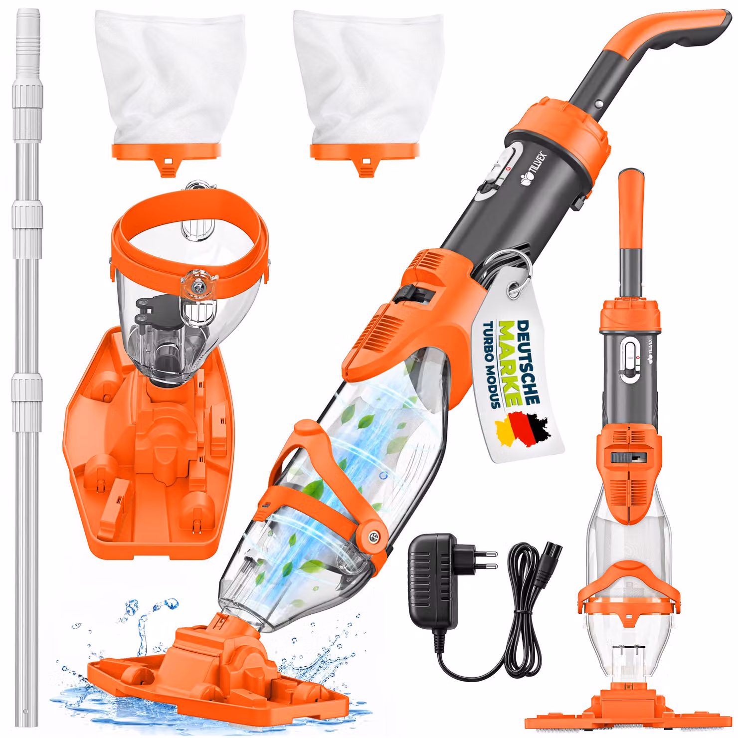 Aspirapolvere per piscina Tillvex arancione/antracite con batteria ricaricabile e asta telescopica + filtro di ricambio fino a 15 m³ | Aspirapolvere elettrico per fondo piscina | Pulitore per piscina con filtro e autonomia di 60 minuti | Set di pulizia co