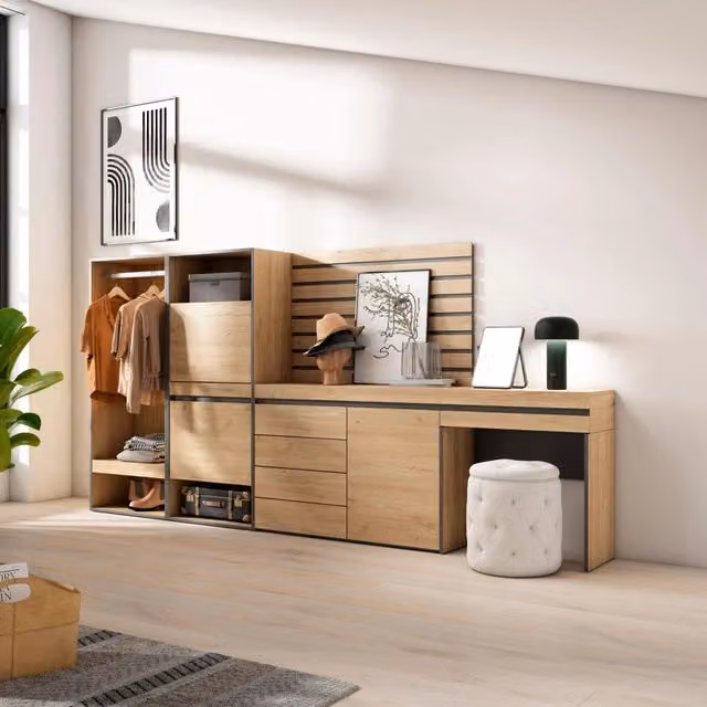Scarpiera e Armadio Aperto SKRAUT HOME con Cassettiera e Pannelli Decorativi, Colore Rovere, L/P/H: 297 x 35 x 145 cm – 1