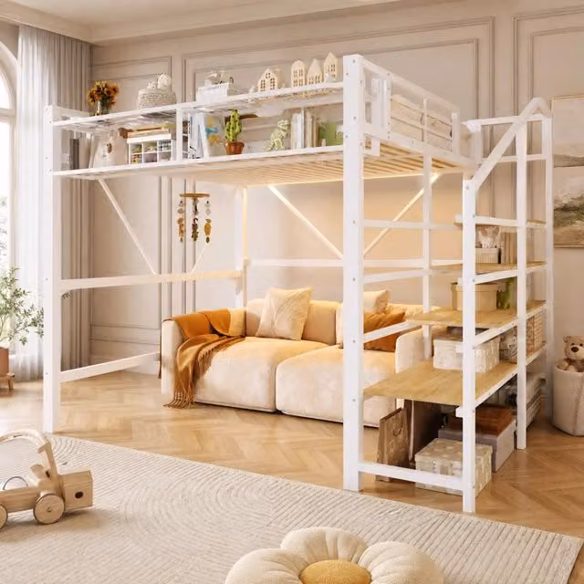 Letto a soppalco MIVRAY bianco con gradini a ripiano, illuminazione LED sottostante e contenitore, in metallo e MDF, L/P/H: 200 x 140 x 251,5 cm