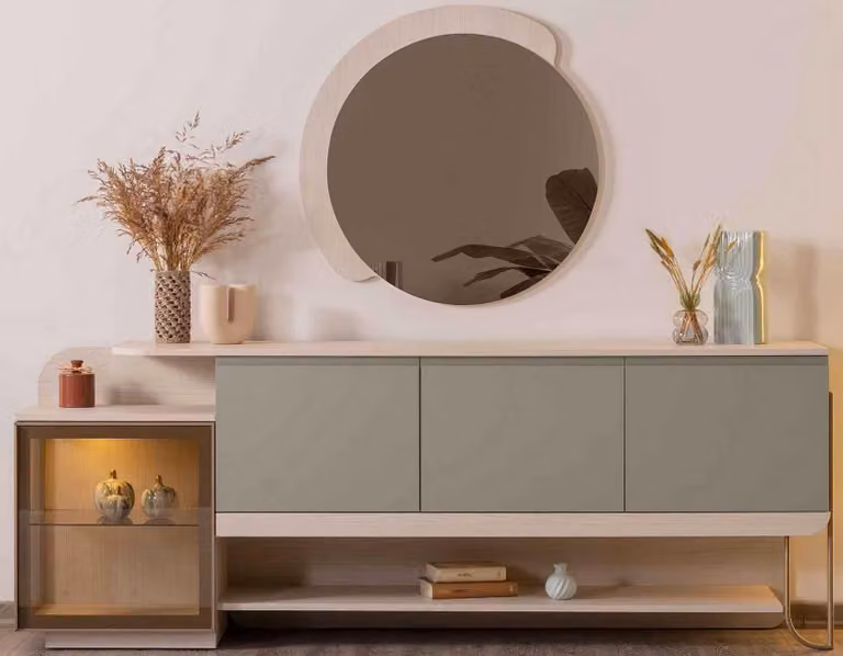 Credenza con specchio, stile moderno, colore beige e verde chiaro, in legno, nuova, per soggiorno