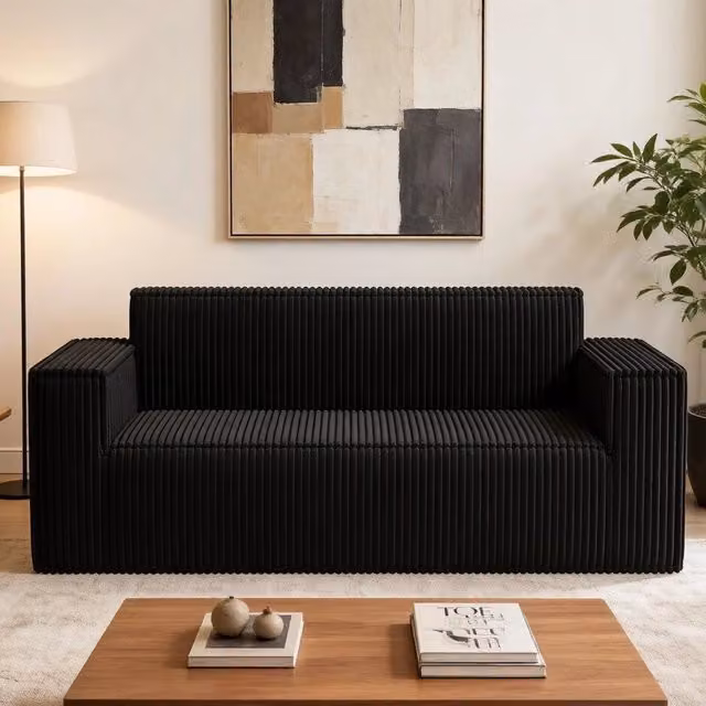 Divano dritto 2 posti con seduta profonda e struttura senza piedini in velluto a coste nero 94.0 × 37.0 × 37.0 cm