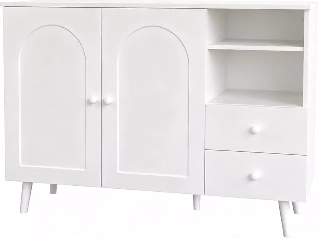 Credenza moderna per soggiorno e sala da pranzo con 2 ante, 2 cassetti e 2 vani aperti in MDF, colore bianco, L/P/H: 118 x 35 x 82 cm