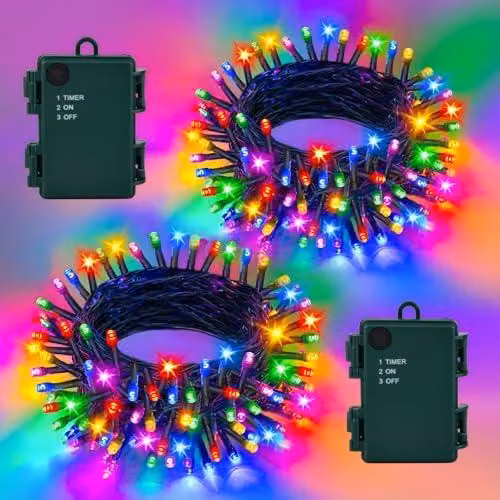Set di 2 catene luminose, lunghezza 16 metri, 160 LED, multicolore, con timer, grado di protezione IP65