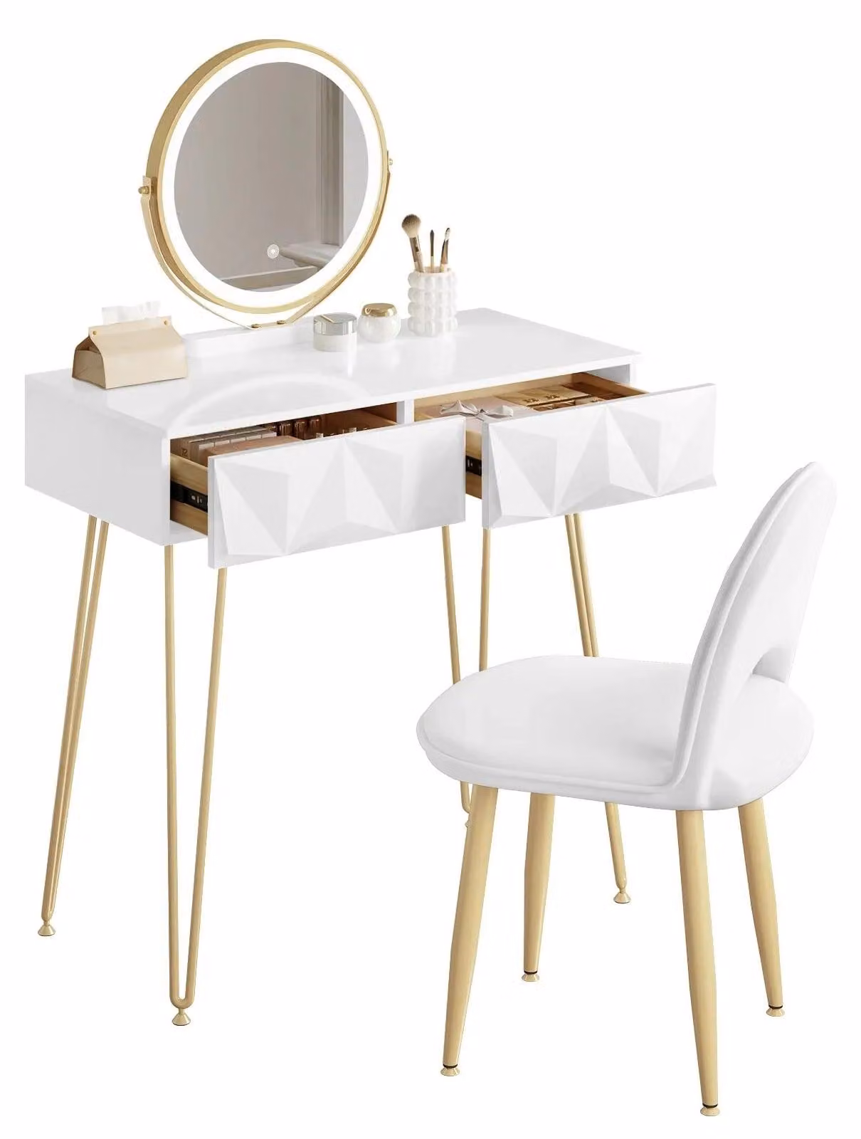 Set da trucco con specchio LED a 3 livelli regolabili e sedia in velluto - 80x40 cm - Comodino per camera da letto