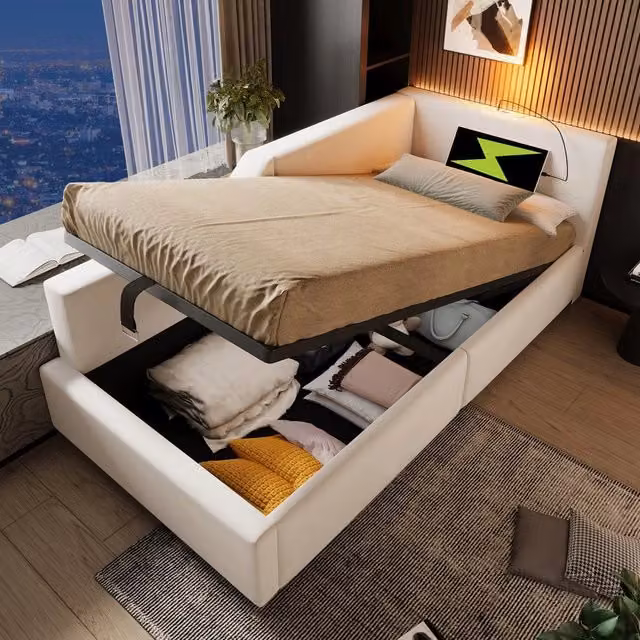 Letto Imbottito con Contenitore Idraulico ¨C MINIMAL ¨C Velluto Beige, Rete a Doghe, USB, 90x200
