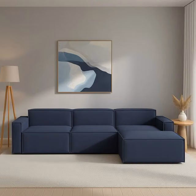 Divano componibile Asvaldo Talamo Italia, Sofà moderno a 4 posti con penisola destra, Rivestimento in tessuto blu con funzione letto e coperture rimovibili, L: 340 cm, P: 170 cm, H: 70 cm – 1