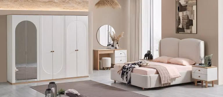 Set da camera da letto in stile scandinavo con letto, armadio e specchio