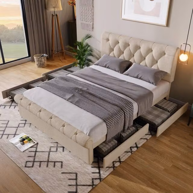 Letto imbottito 140x200 - Xylo - 4 cassetti, schienale regolabile