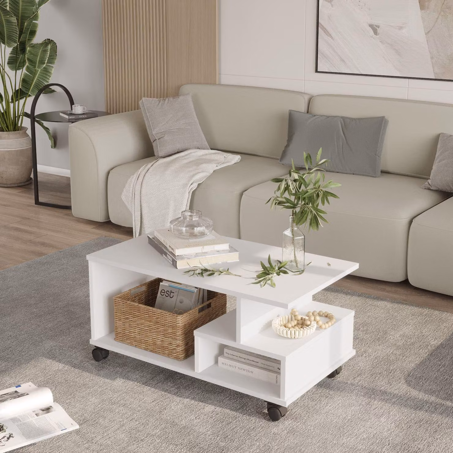 Skye Decor, tavolino da caffè di alta qualità, bianco, 90 x 42,5 x 51 cm | Realizzato in pannello di particelle rivestito in melamina al 100%, spessore 18 mm | Dotato di rotelle per un design versatile, ideale per l'arredamento moderno.