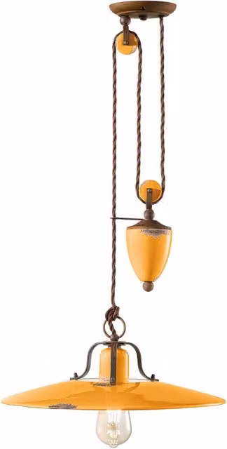 Lampadario Vintage Country Saliscendi Ferro E Ceramica Giallo 1 Luce E27