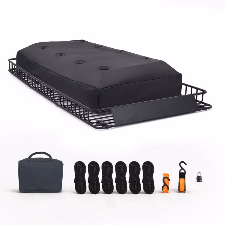 Portapacchi da tetto SucceBuy 2286 x 1720 x 152 mm in acciaio legato Q195 con borsa impermeabile in tessuto Oxford e cinghie a cricchetto, portata di 113,4 kg, adatto per SUV, autocarri e autovetture