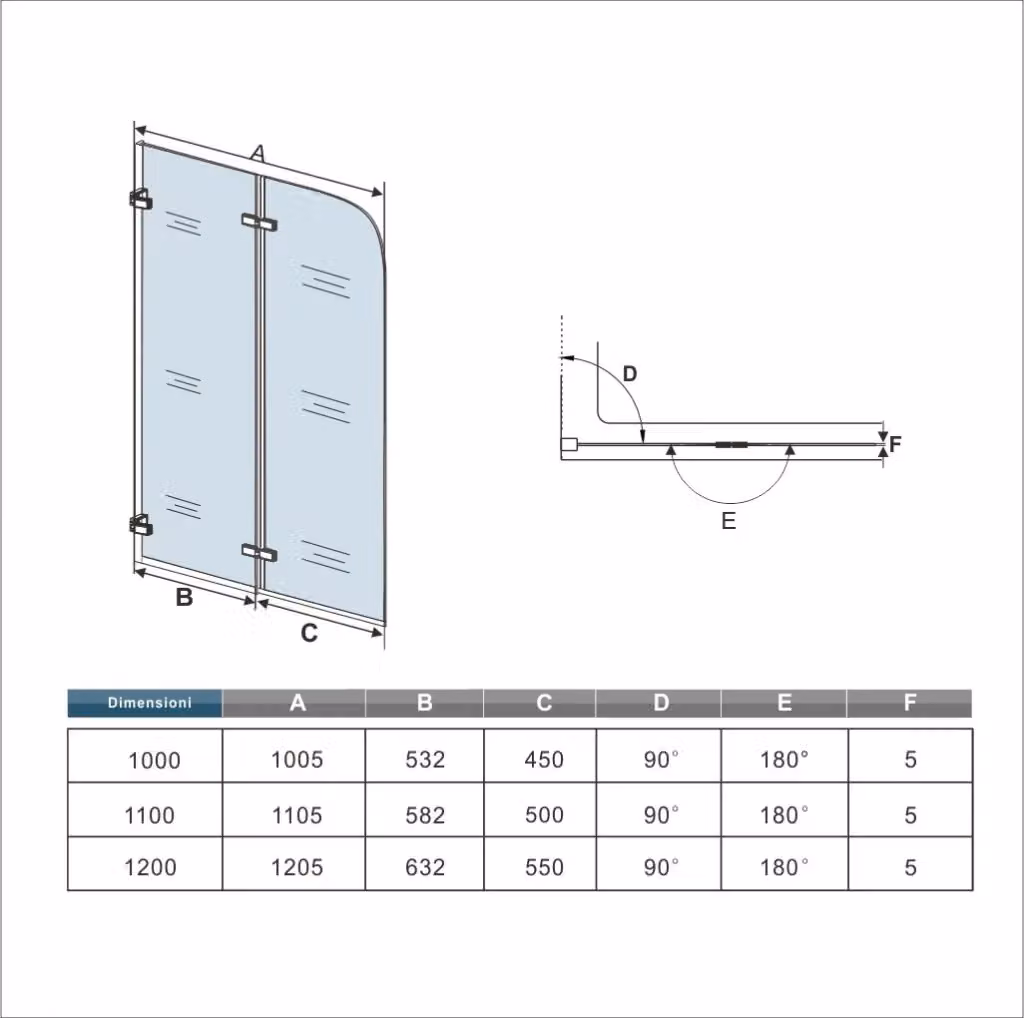 Sopravasca Parete Doccia Per Vasca Aica Italy con Due Ante Pieghevoli in Vetro Temperato Trasparente da 5mm, Senza Telaio, L: 140 cm, H: 100 cm, Finitura Cromo Lucido – 2
