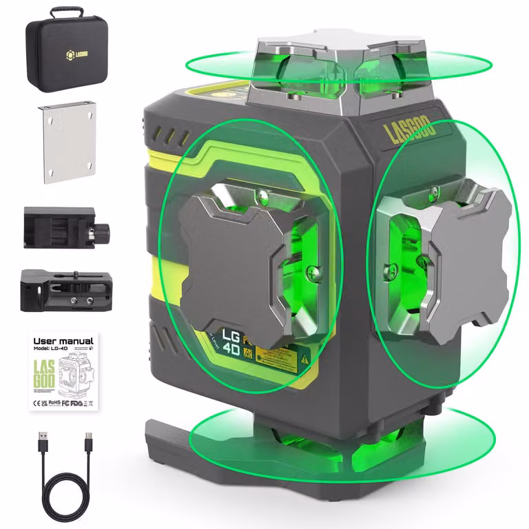 Livella laser a raggio verde, 4 x 360°, autonivelante, con staffa magnetica e porta USB-C