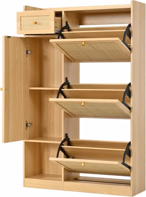 Mobiletto porta scarpe in truciolato con 3 ante a ribalta, 1 cassetto e 1 sportello, colore naturale, 80,5×25×125 cm