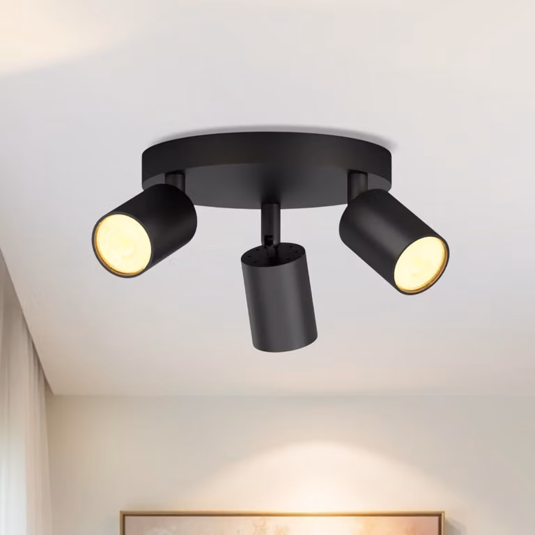 LVWIT, plafoniera LED a 3 luci, design rotondo, orientabile, colore nero. Lampada da soffitto, modello spot, girevole, moderno. 3 faretti per soggiorno, camera da letto, cucina (senza lampadine)