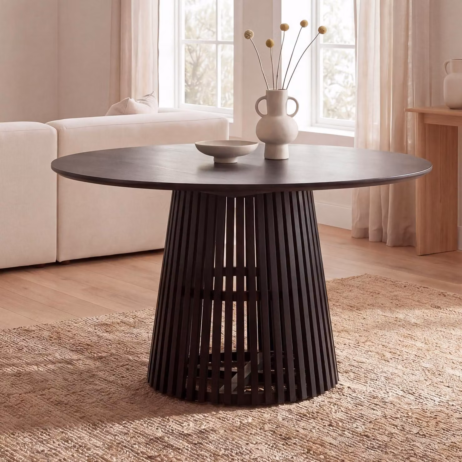 FineBuy tavolo da pranzo rotondo Ø 120 cm in legno massiccio di mango nero - tavolo moderno in legno con struttura a traliccio, tavolo da pranzo di design per 4 persone, tavolo da cucina massiccio