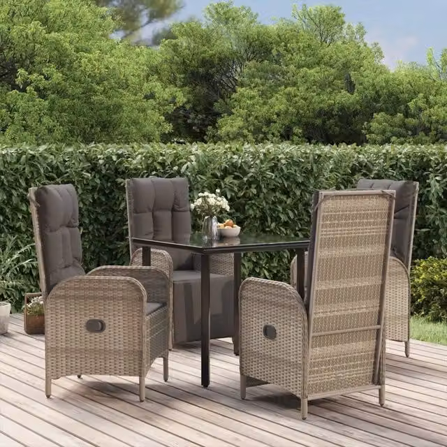 Set da Pranzo Giardino 5pz Nero e Grigio con Cuscini Polyrattan 3185205