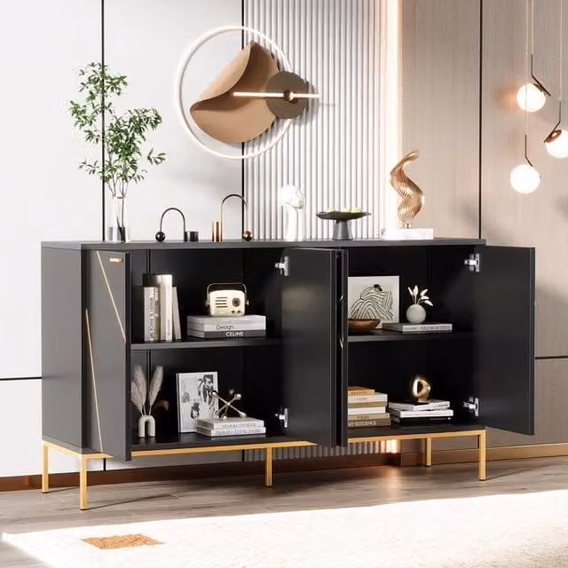 Credenza con 4 ante e ripiano regolabile, piedi in metallo, linee decorative, per soggiorno, nero e oro, 150 × 40 × 80 cm