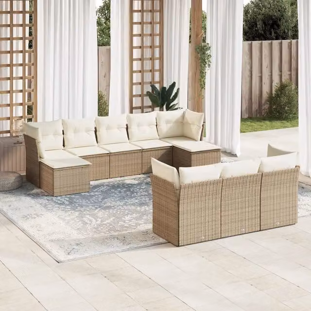 Set Divano da Giardino Moderno VIDAXL in Polyrattan con 10 Cuscini Beige – 1
