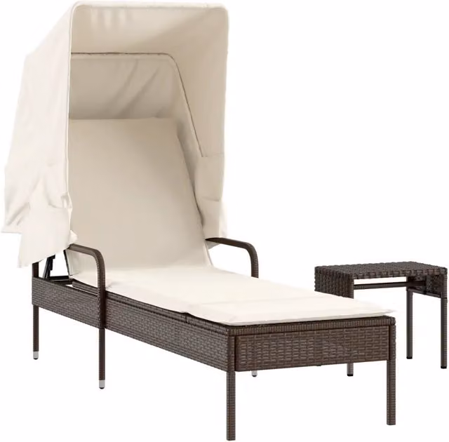Lettino Prendisole | Sdraio da giardino | Lettino da sole con Baldacchino e Tavolo Marrone Polyrattan