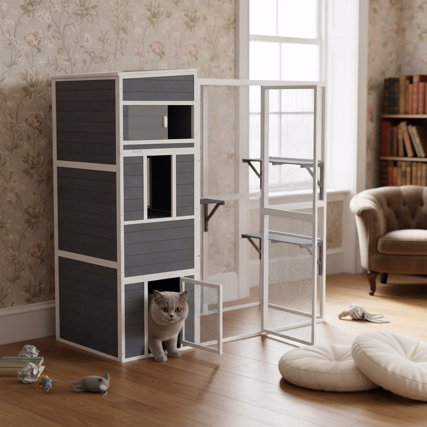 Recinto per gatti da esterno PawHut con 3 piattaforme e tetto resistente, grigio – 2