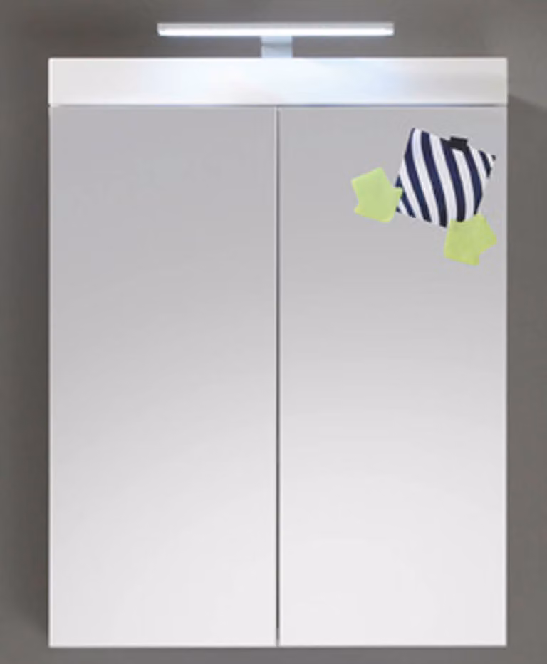 Mobiletto da bagno con specchio AmandaMandoBea con luce, 2 ante, bianco lucido.