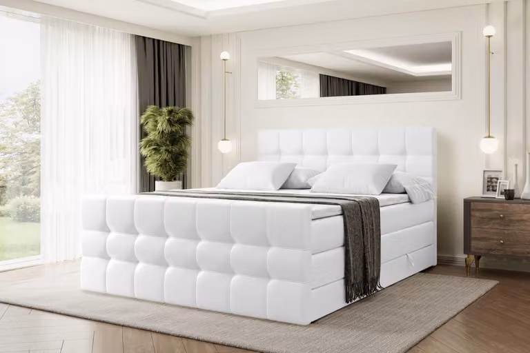 Letto boxspring ALTDECOR con materasso e rete a doghe - BERO -Z KING - 140x200 cm - Pelle finta bianca - Coprimaterasso, pediera, letto imbottito con contenitore, letto con vano portaoggetti H3 e H4 - Materasso, letto matrimoniale, letto boxspring