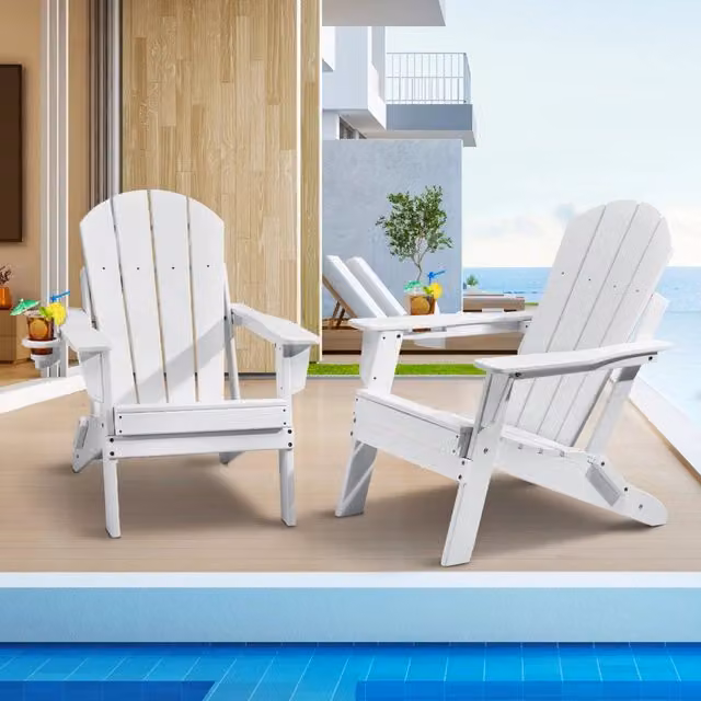 Set 2 Sedie Adirondack Pieghevoli da Giardino in Plastica HDPE Bianco con Portabicchieri Resistenti per Patio Esterno