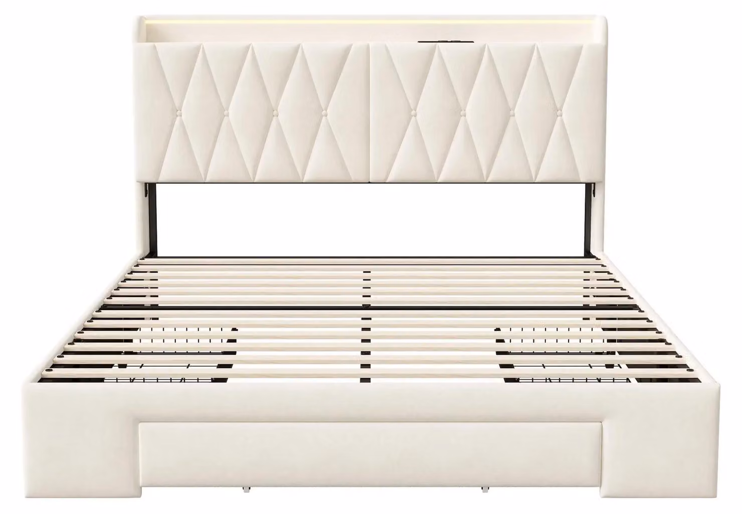 Letto imbottito - Letto matrimoniale 160x200 cm - Velluto - Cassetti - Testiera con vano contenitore - Senza materasso - Beige