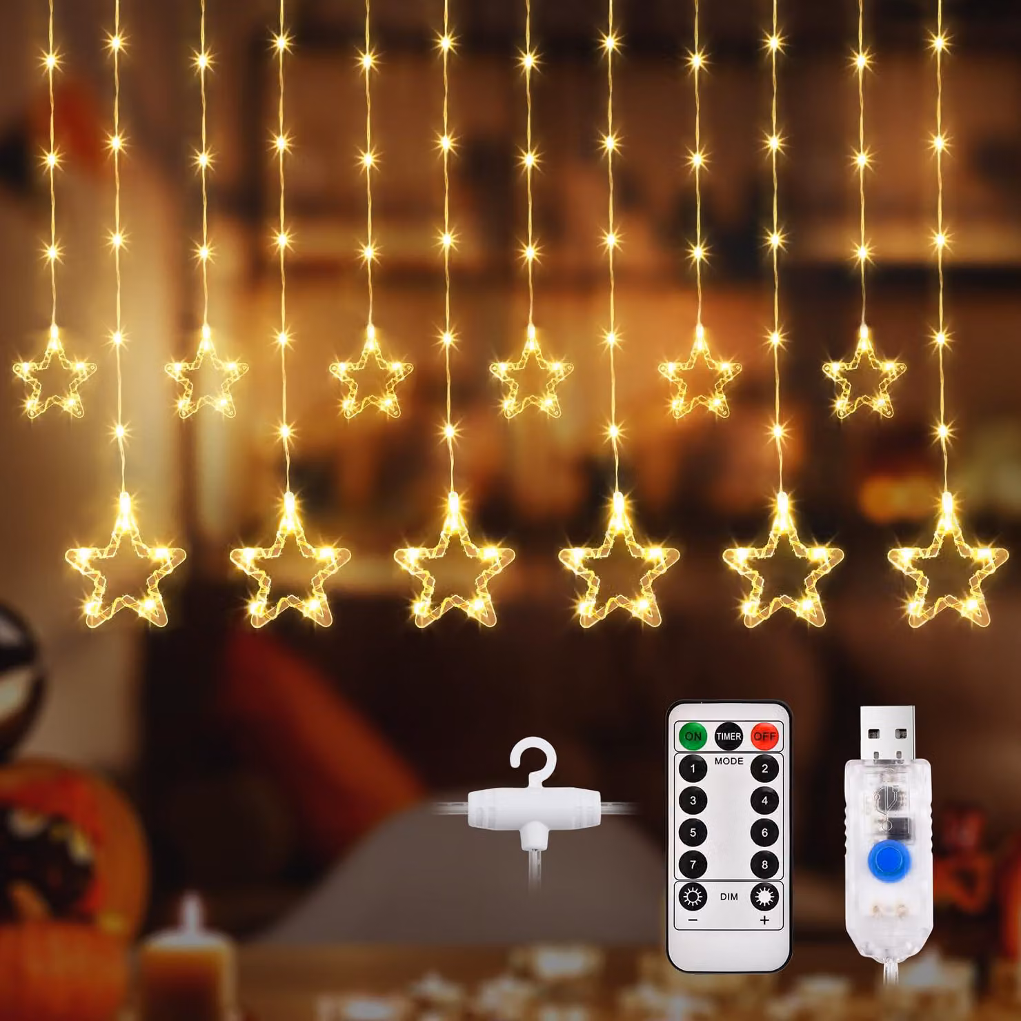 Tenda luminosa a LED, 144 LED, luce bianca calda, 3,5 metri, alimentazione USB, con telecomando, grado di protezione IP44