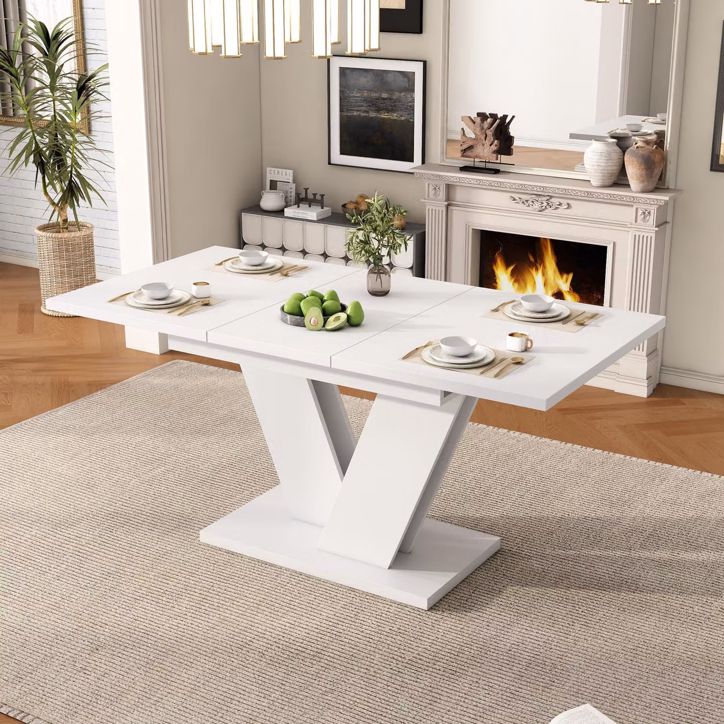 okwish Tavolo da pranzo con piano pieghevole, Tavolo da pranzo pieghevole per 4-6 persone, con forma rettangolare e piano rinforzato, Tavolo da cucina con gambe a V, Bianco