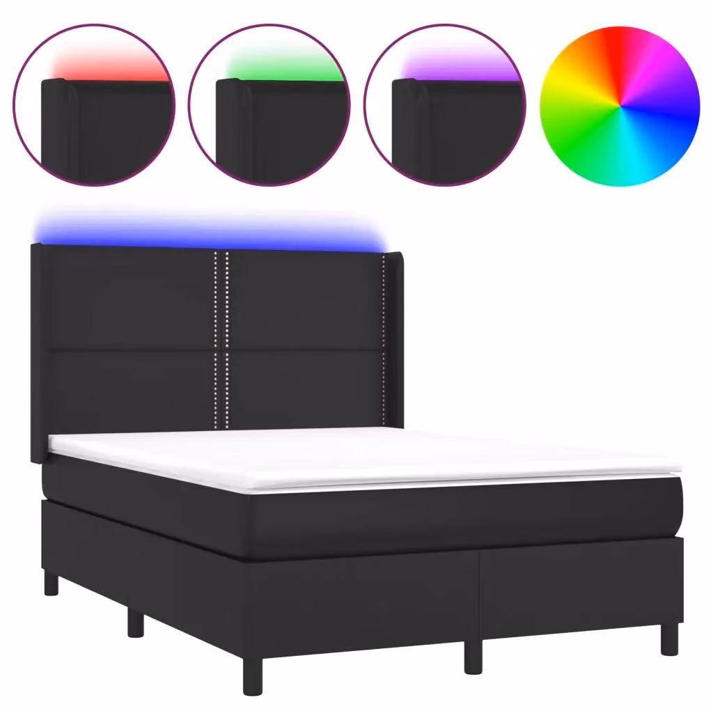 vidaXL Giroletto a Molle con Materasso e LED Nero in Similpelle, L/P: 140 x 200 cm – 2
