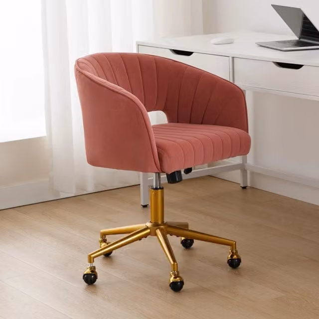 Sedia da ufficio girevole OKWISH in velluto rosa polveroso con altezza regolabile e base in metallo L: 53 cm, P: 53 cm, H: 120 cm – 1