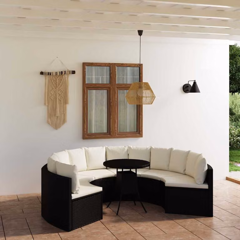 Set Divani da Giardino vidaXL 7 Pezzi con Cuscini e Tavolino in Polyrattan e Metallo Nero e Bianco
