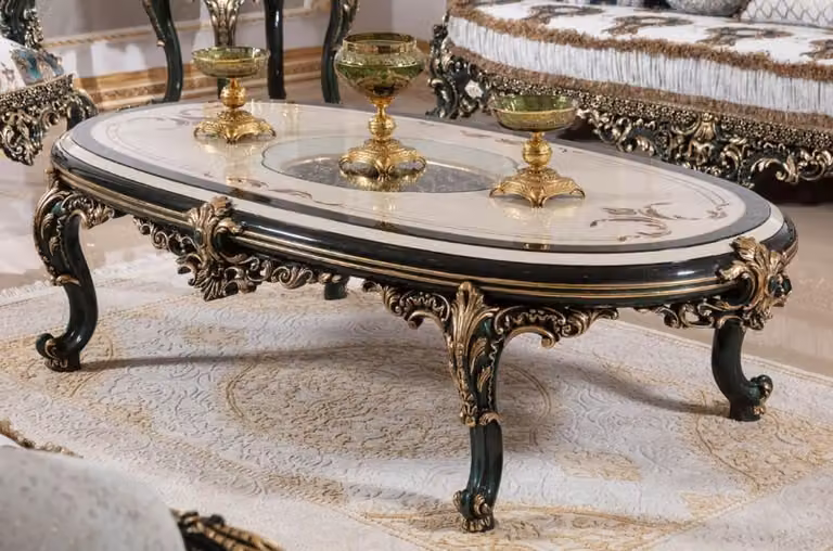 Casa Padrino tavolino barocco beige / bianco / verde / oro - Magnifico tavolo da salotto in legno massiccio con piano in vetro - Mobili da salotto barocchi - Nobile & Magnifico