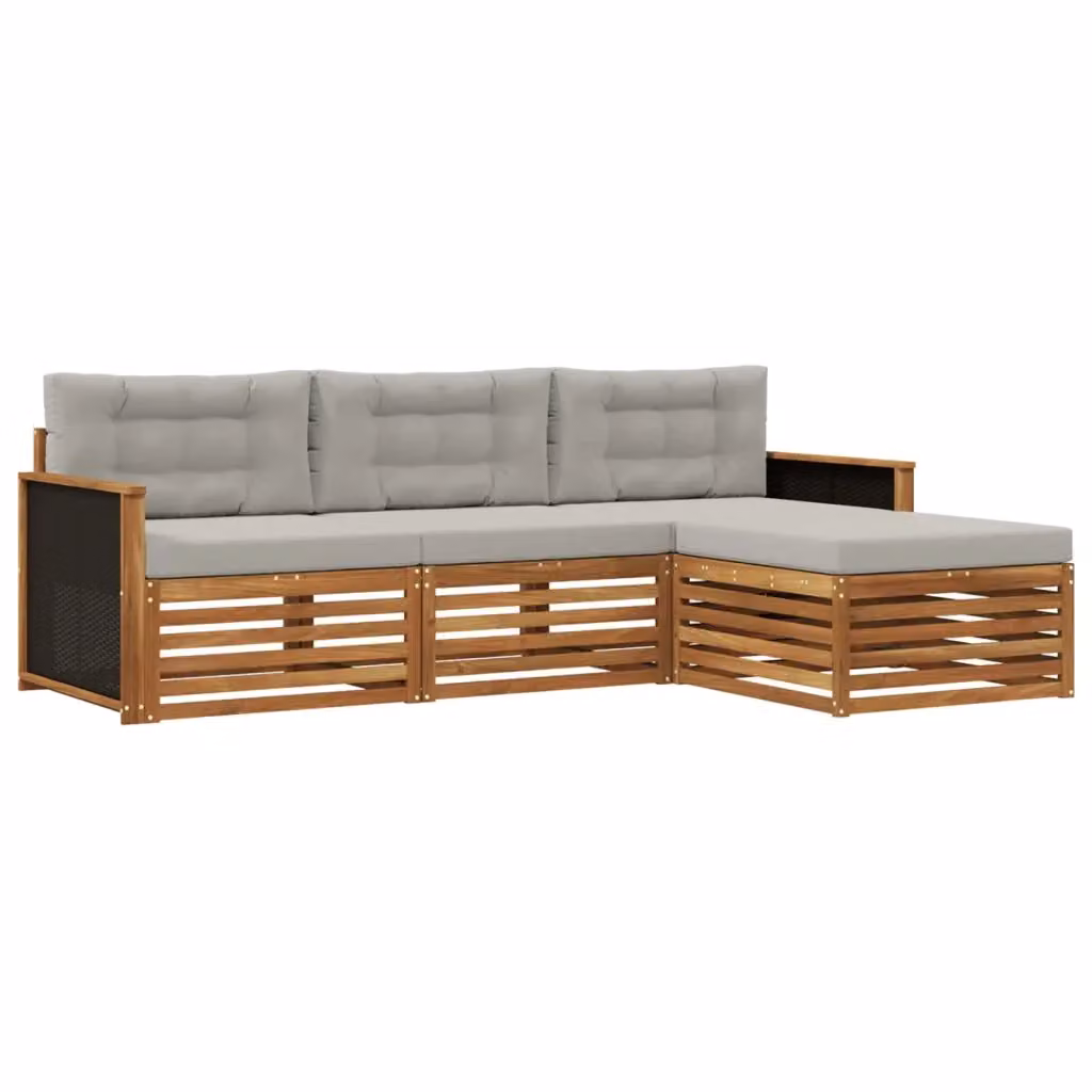 Set di divani da esterno vidaXL a forma di L con pouf, in legno di acacia e tessuto beige e grigio – 2