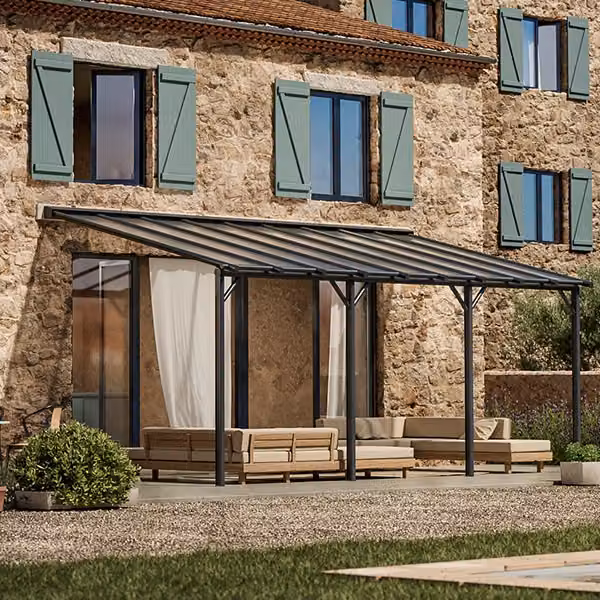 Pergola a parete PERGOFRANCE Harmonie L/P: 6 x 3 m, colore Antracite, in alluminio con copertura in policarbonato
