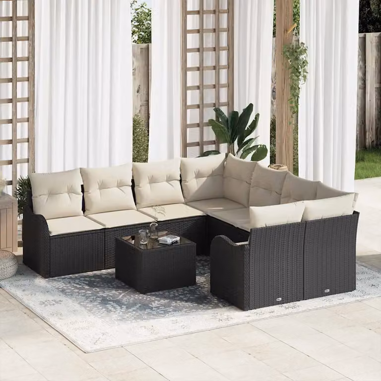 Set Divano da Giardino vidaXL 9 Pezzi a Forma di U con Cuscini Nero