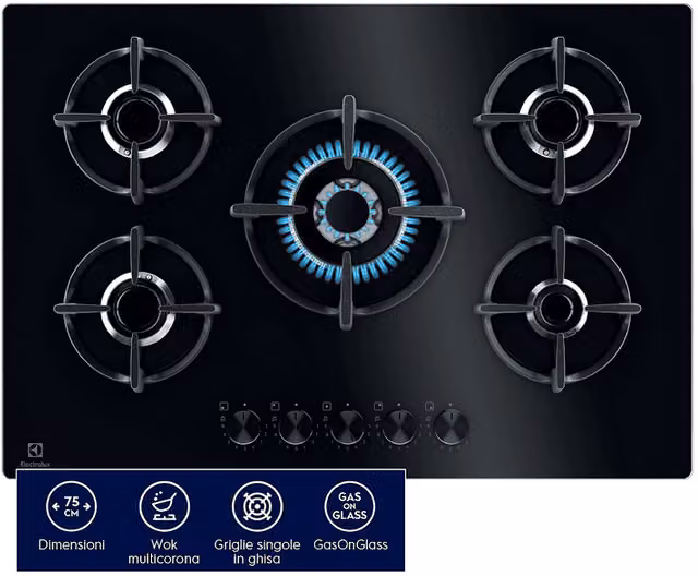Piano cottura a gas Electrolux EGG75372K Serie 600 in vetro nero con 5 fuochi e tecnologia StepPower, L: 74 cm, P: 51 cm