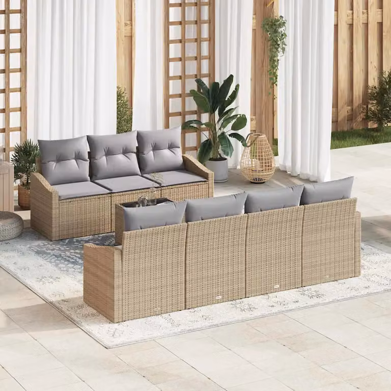 Set di divani da giardino vidaXL 8 pezzi in rattan con struttura in metallo e cuscini, Beige e Grigio