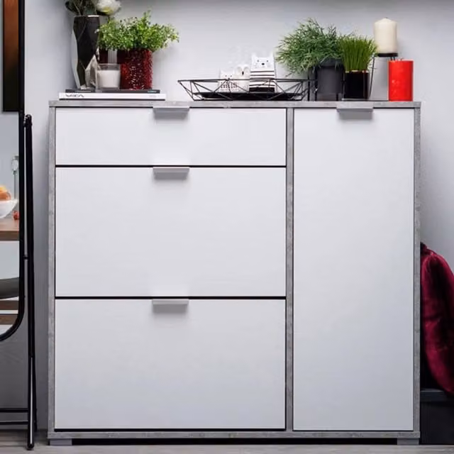 Scarpiera Moderna DMORA con Cassetto e Scomparti Basculanti, Bianco e Grigio, L: 102 cm, P: 33 cm, H: 94.5 cm