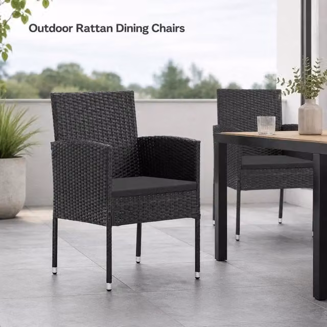Garden Chairs With Cushions In Black, Set Of 4. Black Polyrattan.
