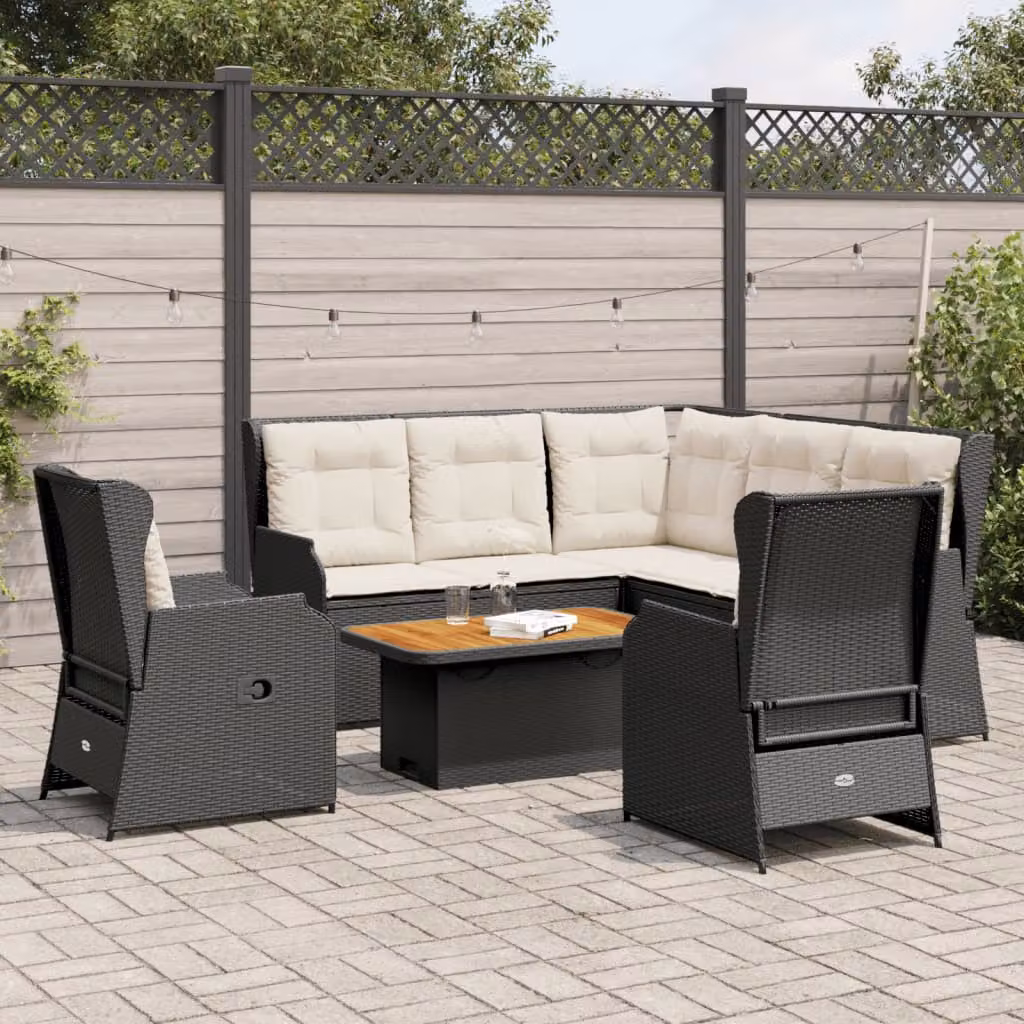 Set da giardino moderno vidaXL composto da 6 pezzi con divano angolare, tavolino da caffè e cuscini imbottiti in rattan nero e struttura in acciaio verniciato a polvere