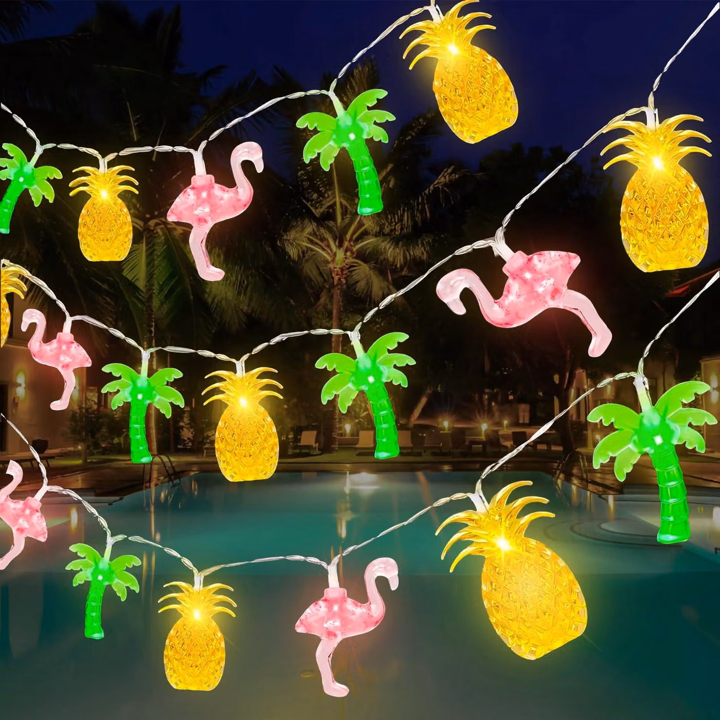 Catena luminosa tropicale, 3 metri, 20 LED, con motivi di ananas, fenicotteri e palme