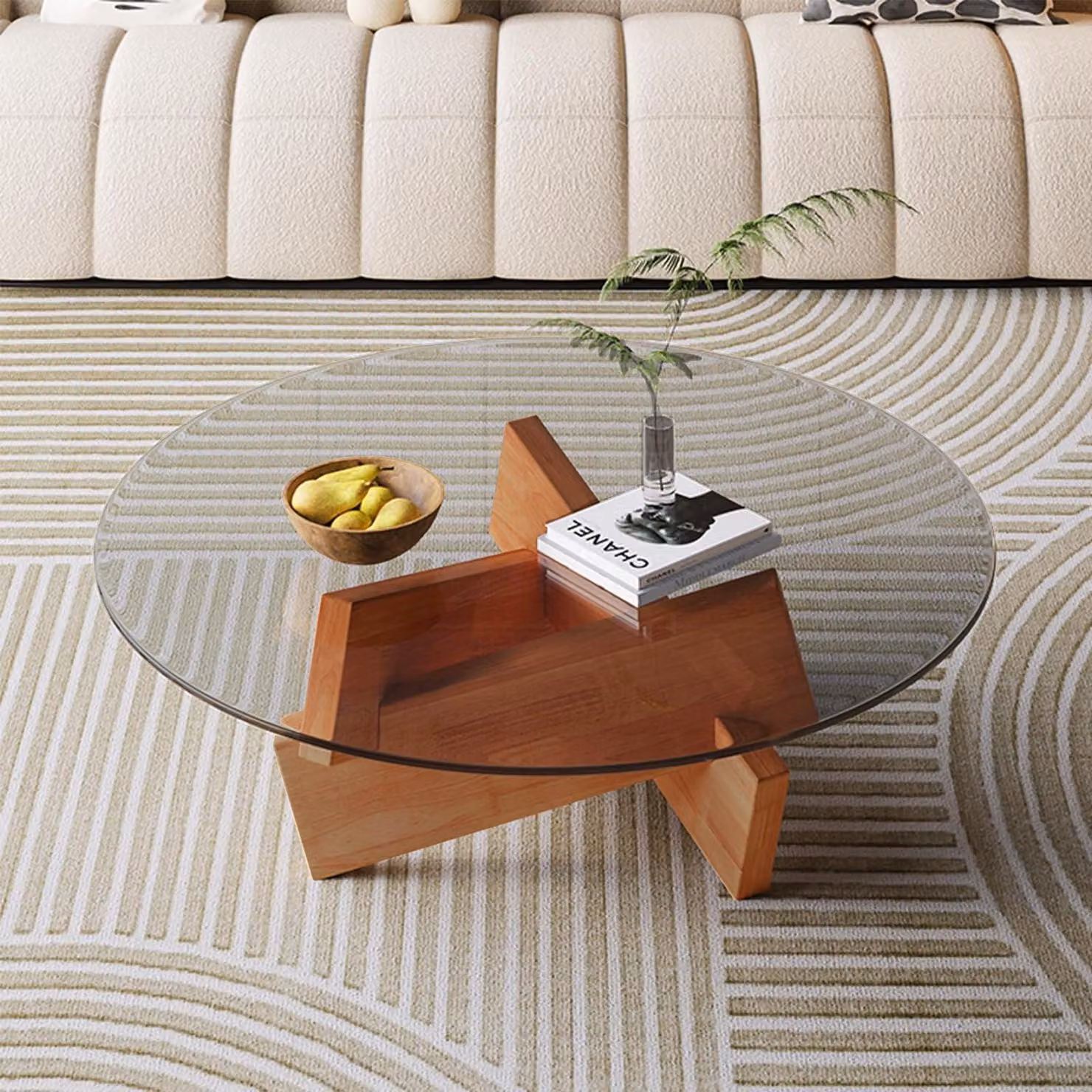 Tavolino rotondo in vetro temperato, ideale per il soggiorno, con piano in vetro e struttura in legno massello, dimensioni 80x80x41 cm