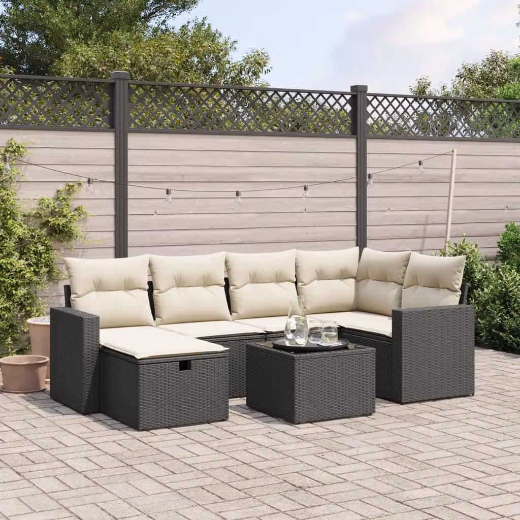 vidaXL Set Divani da Giardino a L con Cuscini 7pz Nero e Bianco con Tavolino e Ottoman – 1