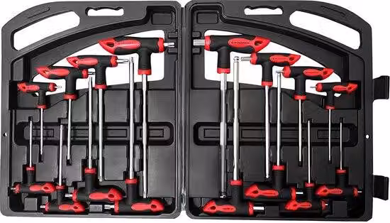 Set di chiavi a T con inserti Torx e a Esagono, Unyqoos®, 16 pezzi (8 a Esagono + 8 Torx), acciaio CR-V trattato termicamente, colore rosso/nero – ideale per riparazioni in officina e in auto